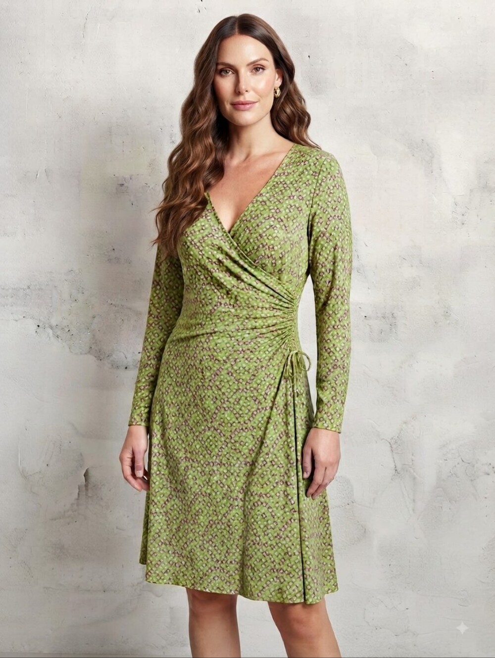 Sigrid Olsen Green Diamond Pattern Long Sleeve Dress Faux Wrap Dress Size 4